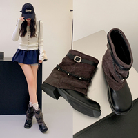 Bottes mi-mollet souples pour femmes, bout rond, semelle plate, boucle, sangle tressée, bottes de style western, 2 couleurs
