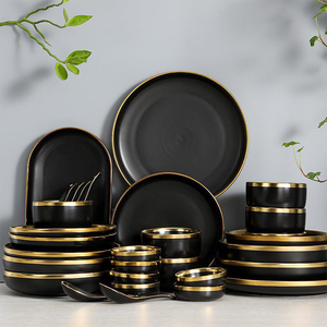 <span class=keywords><strong>Vaisselle</strong></span> de luxe en porcelaine nordique assiette en céramique à bord doré bols ensemble de <span class=keywords><strong>vaisselle</strong></span> en céramique noire pour la fête - Product Image 6