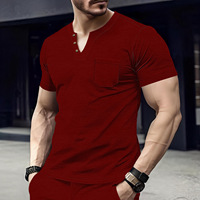 Nouveau style pour l'été – T-shirt décontracté ajusté à col en V et manches courtes pour homme, en polyester uni, avec poche, séchage rapide et anti-plis