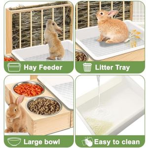 Mangeoire à foin en bois 3 en 1 pour lapins avec 2 bols et cuvette de toilette pour cobaye hamster chinchillas - Product Image 5