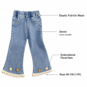 Pantalones Vaqueros para Niña Pequeña, Cintura Elástica, Lavado Claro, Dobladillo Bordado con Encaje, Jeans para Niños - Product Image 5