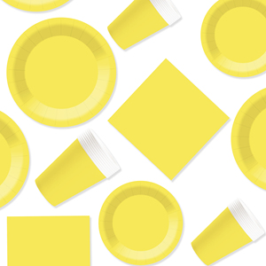 DAMAI – Vaisselle jetable unie jaune vif pour fêtes, assiettes de 7 et 9 pouces, gobelets en papier, serviettes - Product Image 2