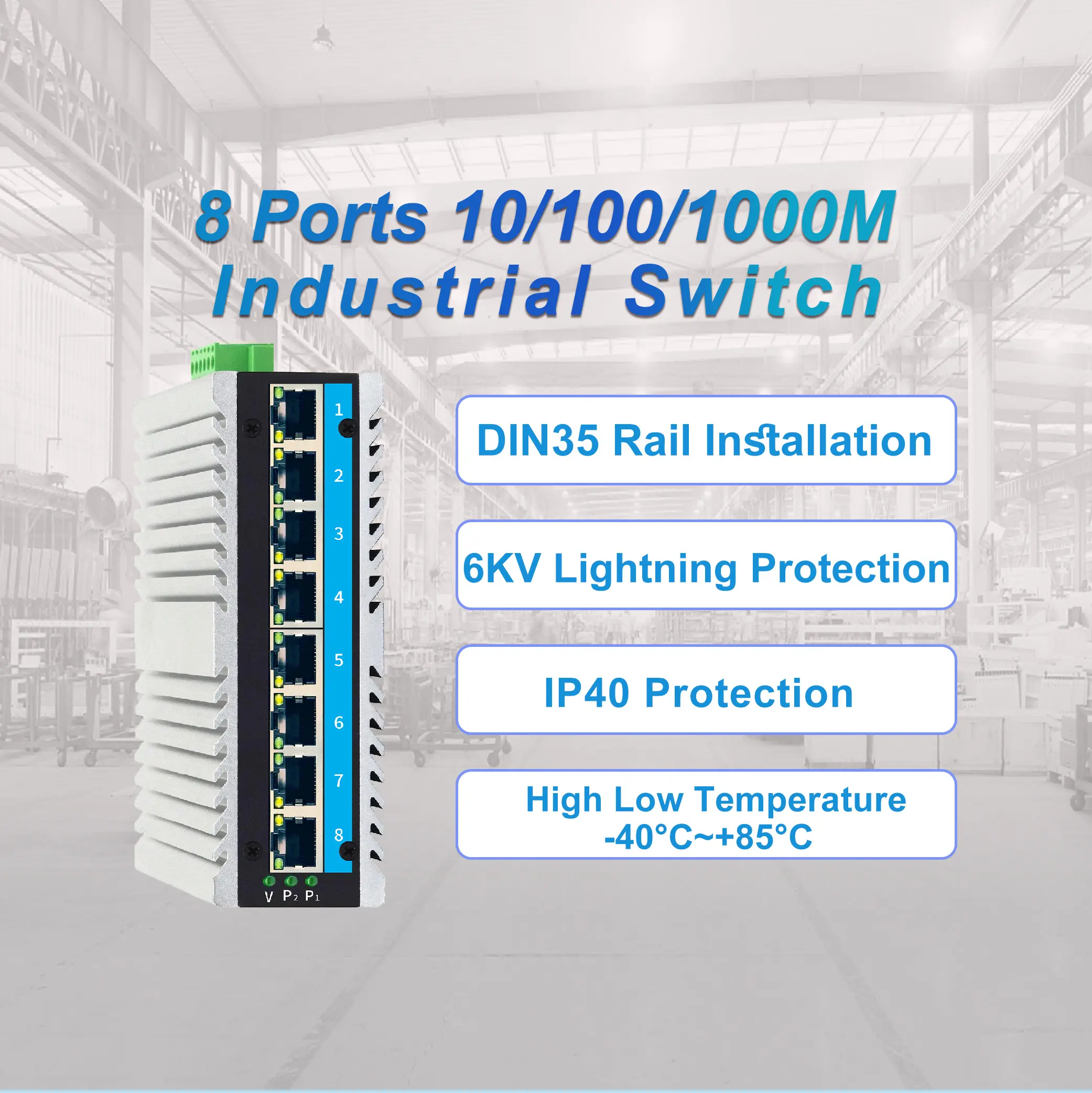 8-port DIN mount penutup daya rendah Teknologi industrial-grade gigabit Ethernet Switch untuk sistem transportasi