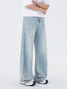 2025 verano americano hombres mujeres Casual sólido cimitarra azul claro lavado Jeans Pinch deconstruido pantalones de pierna ancha pantalones vaqueros sueltos - Product Image 4
