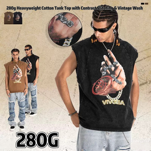 T-shirt vintage nera lavata senza maniche 100% cotone da <span class=keywords><strong>uomo</strong></span>, canotta hip hop con stampa grafica, streetwear oversize - Product Image 6