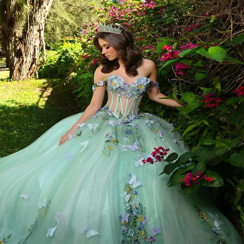 green emerald velvet dress Sage Green Butterfly Quinceanera Dress Sweet 16 Birthday Party Ball Gown,  DP3633 main image 0