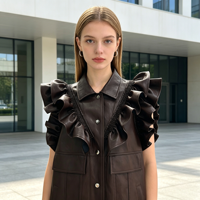 Veste en cuir marron foncé sans manches, veste en cuir avec épaules à volants, un choix parfait pour les tenues décontractées