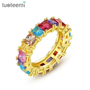 LUOTEEMI Fashion Jewelry USA Style Gold Plated Trendy Square Rainbow Ring Cubic Zircon Finger Ring