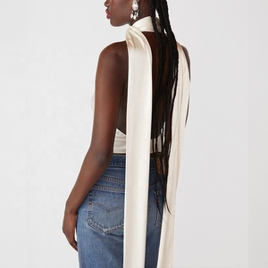 Hauts pour femmes 100% <span class=keywords><strong>soie</strong></span> col bénitier haut à licou la coupe flatteuse de l'épaule décolleté col bénitier profond mode <span class=keywords><strong>blanc</strong></span> beige hauts blouse - Product Image 4