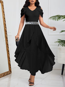 <span class=keywords><strong>Combinaison</strong></span> de soirée élégante pour femme, longue, fendue, col en V, plissée, pour invitée de <span class=keywords><strong>mariage</strong></span>, avec volants décoratifs, naturelle et lavable - Product Image 1