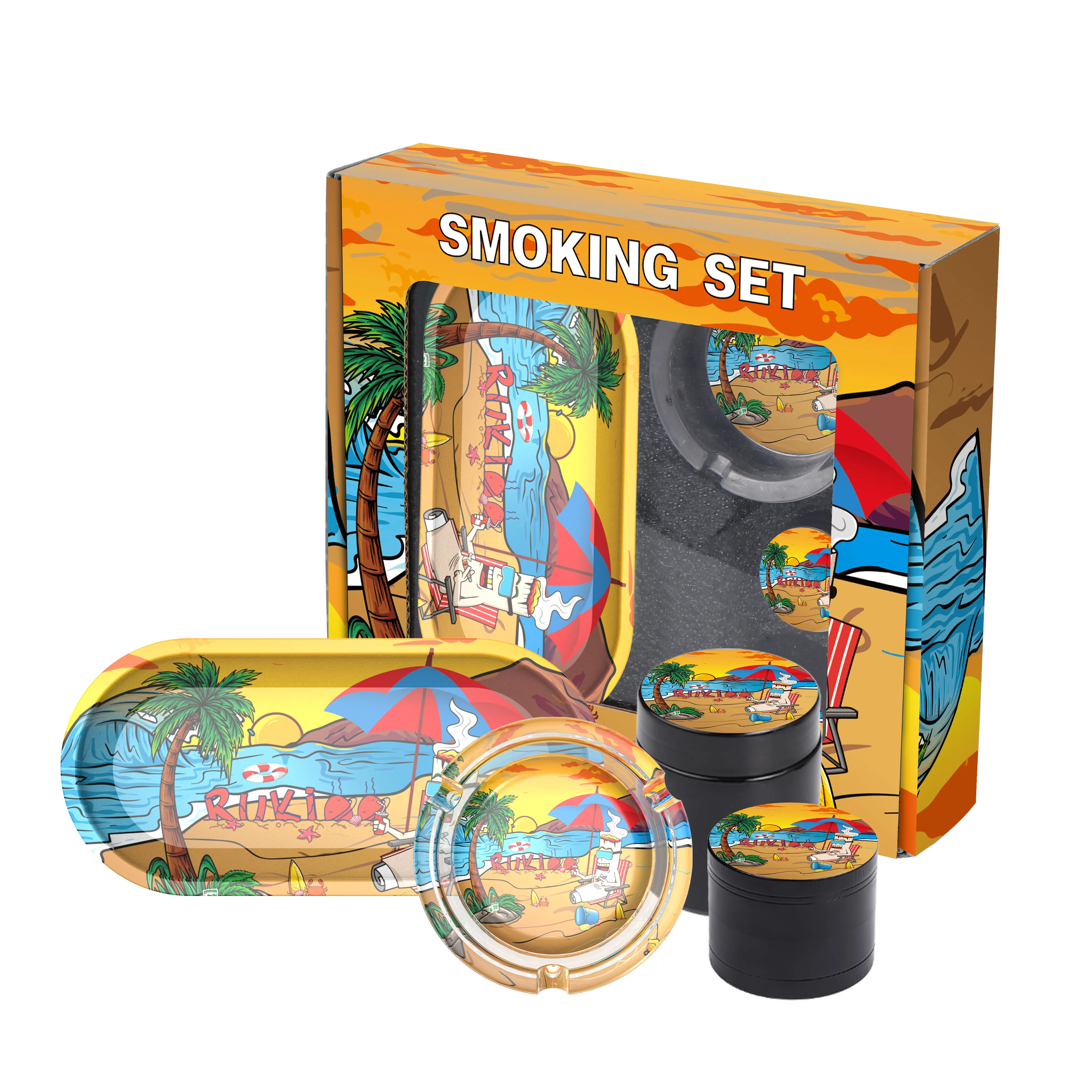 Set da fumo 5 in 1 con smerigliatrice posacenere in vetro di alta qualità latta vassoio vassoio vassoio personalizzato Logo Set Kit di fumo