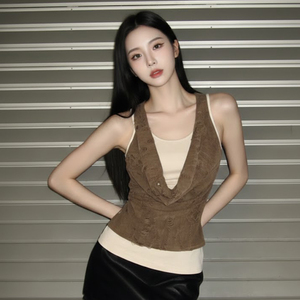 Top sin mangas marrón desgastado con cuello drapeado para mujer, chaleco informal de verano con patchwork en contraste - Product Image 2