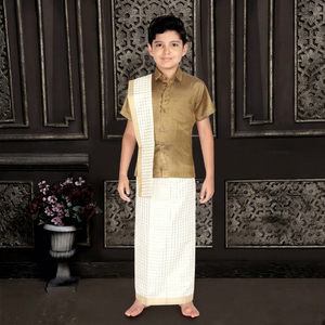 Conjunto Tradicional de Dhoti para Niños, Seda Angavastram Sin Arrugas, Ropa Étnica para Bodas, Ropa Infantil del Sur de la India, de 0 a 10 Años - Product Image 1