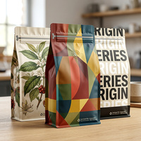 Sachet de café à fond plat imprimé sur mesure de 250g, 1kg, 12oz avec valve de dégazage et fermeture éclair pour la vente au détail de grains torréfiés