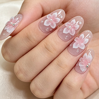 Uñas Postizas Personalizadas al por Mayor con Etiqueta Privada, Diseño Almendrado con Flor de Cerezo, 3D, Rosa Perla, Efecto Gota de Rocío, Brillantes