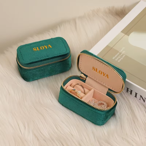 EleQeen EQ003 <b>Mini</b> Square Simple Embossed Custom Logo Portable Travel Jewelry <b>Storage</b> <b>Box</b> Velvet Lining Zipper Closure for Rings - Product Image 1