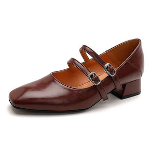 รองเท้าสตรีแบบแมรี่เจนสไตล์ฝรั่งเศส หัวเหลี่ยม ส้นเตี้ย สายรัดเส้นเดียว รองเท้าส้นสูงแบบเรโทร หัวแบน - Product Image 1