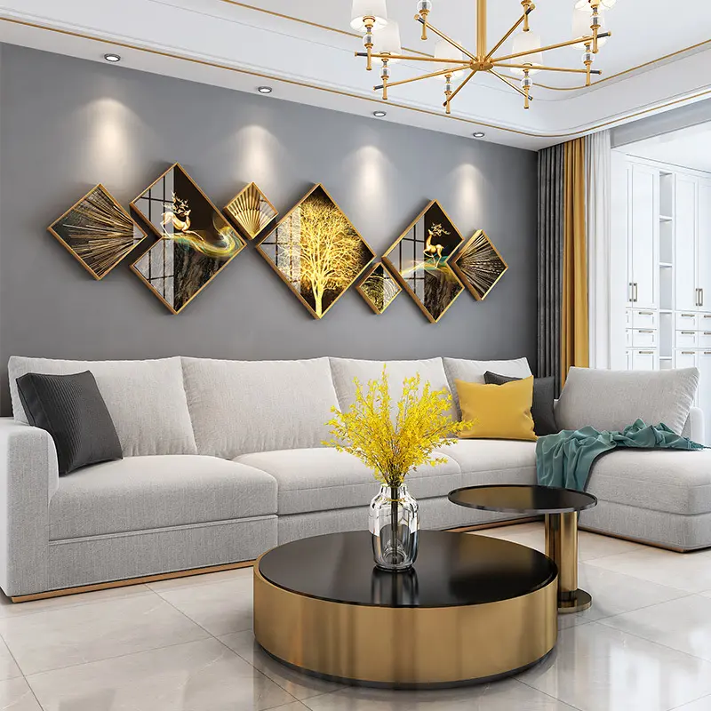 Living room decoration Nordic luxury golden leaf wood crystal porcelain glass aluminum canvas crystal porcelain painting framed