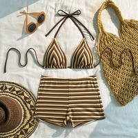 Ensemble de plage pour femme : Haut de bikini sexy dos nu et mini-short, tenue rayée 2 pièces tendance pour les vacances, collection 2026