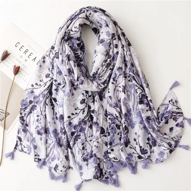Fashion women elegant purple floral print viscose cotton scarf for lady one piece flower muslim hijabs islamic shawl with tassel