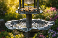 Mangeoire à oiseaux et station de bain solaire LED, style cascade antique, avec base remplie de pierres, en résine résistante aux intempéries, toit de gazebo, écologique, antirouille
