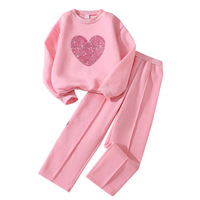 Ensemble deux pièces pour filles européennes et américaines, style coréen, motif cœur, pull à manches longues et pantalon en polyester et coton, doux et confortable