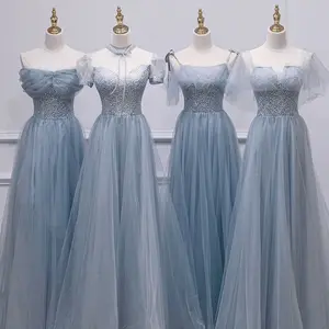 ZX-2071 design gradient light blue peri deep-v neck soft A-line puff long sleeve illusion soft tulle princess prom