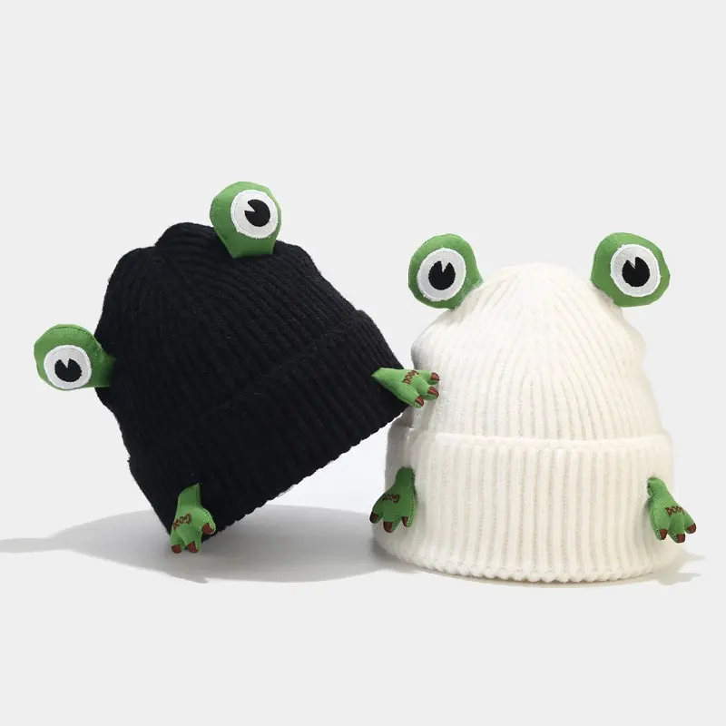 Hot Sale High Quality Winter Cute Frog Autumn Acrylic Black And White Keeping Warm Outside Winter Hat Knitted