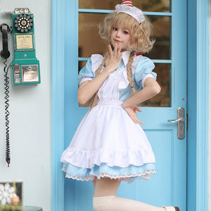 Japanese Maid Costume Women Short Sleeve Sky Blue White Apron Dress Stage Performance Cosplay Outfit Adult Size - Product Image 2