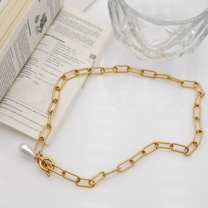 Geometric Pearl Pendant Necklace Gold Chain <b>T</b> <b>Bar</b> Clasp For Women Party Jewelry - Product Image 3