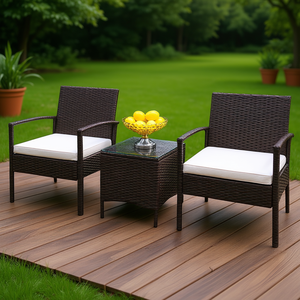Conjunto de sofá de ratán de 3 piezas con mesa de centro y 2 sillones, muebles de jardín para exteriores en degradado marrón, material de polietileno duradero - Product Image 2