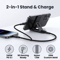 Câble de charge rapide USB Type-C tressé de 1,5 m avec support de téléphone intégré 2-en-1 pour iOS, jeux, bureau et voyage