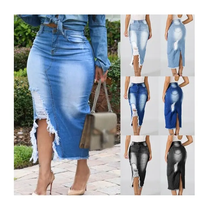 BH696 महिलाओं के फैशन प्लस आकार उच्च कमर धोया डेनिम विभाजित हिप स्कर्ट
