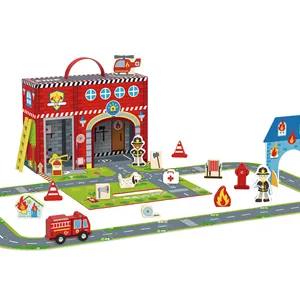 ベストセラーの子供木製消防署の建物おもちゃ都市消防士ふりおもちゃ子供駐車場おもちゃEコマース