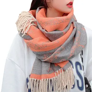 Landfond accessory Winter Korean cute fawn pattern cashmere feel scarf Long scarf with fine fringe