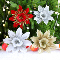Bunga Natal Baru 20cm, Bunga Natal Merah Emas, Daun Flanel, Glitter, Simulasi Bunga Natal, Dekorasi DIY, Liontin