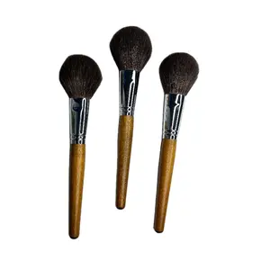 Custom Aluminium Tube Solid Wooden Handle Makeup Brushes Fluffy Soft Goat Hair Powder Dispensing Brush