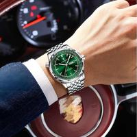 POEDAGAR 673 Montre étanche de luxe en acier inoxydable à quartz pour hommes avec aiguilles lumineuses et calendrier doré