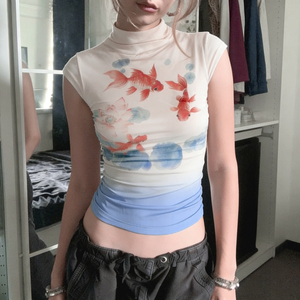 เสื้อยืดคอกลมพิมพ์ลายปลาไล่เฉดสีสไตล์เรโทร แขนสั้น ทรงเข้ารูป สำหรับผู้หญิง สไตล์ Y2K สตรีทแวร์ลำลอง ใส่ได้หลายโอกาส เสื้อยืดฤดูร้อน - Product Image 6