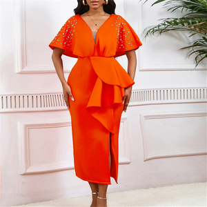 D516 Nouvelle Collection Robe de Soirée Élégante pour Femme, Col en V Sexy, Volants, Fente, Perles, Idéale pour l'Été - Product Image 1