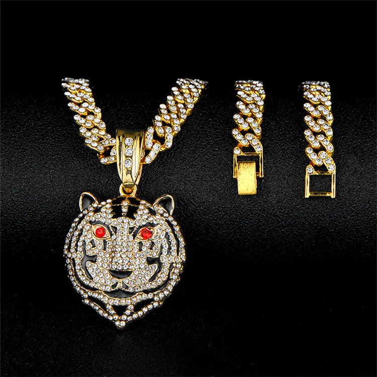 Hiphop Fashion Jewelry Necklace New Tiger Pendant With Crystal Gold Hip Hop Cuban Link Chain Necklace For Men