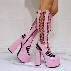 섹시한 레이스 업 크로스 스트랩 라운드 발가락 하이힐 펌프 드레스 신발 2022 새로운 디자인 핑크 Chunky 뒤꿈치 플랫폼 샌들 부츠