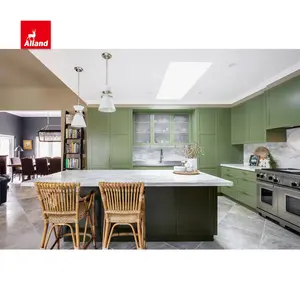 Allandcabinet Luxuoso estilo moderno com acabamento em melamina cor verde painel agitador ilha em torno de armários de cozinha