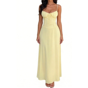 Vestido maxi de tirantes finos con fruncido en el busto y lazo frontal para mujer, vestidos de noche, moda femenina - Product Image 1