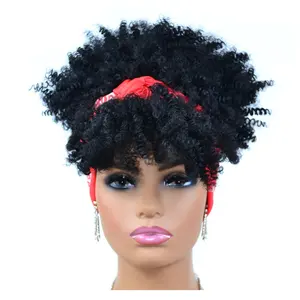 Wholesale High Puff Black Head Wrap Synthetic Wigs Short Afro Kinky Curly Headband Wig with Bangs for Black Women