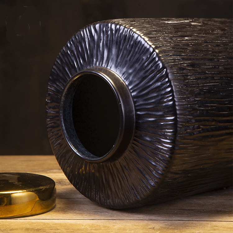 New style living room dry flower decoration gold edged black ceramic vase