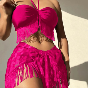 ชุดบิกินี่สามชิ้นสีพื้นแบบใหม่ พร้อมสายรัดอกเซ็กซี่ แต่งชายครุย ผ้าตาข่ายซีทรู - Product Image 4