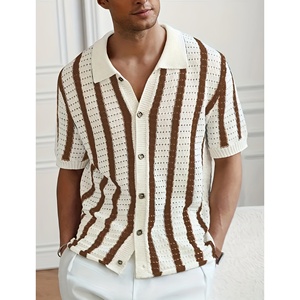 Maglione Estivo Traforato a Righe Verticali con Colletto, T-shirt a Maniche Corte, <span class=keywords><strong>Cardigan</strong></span> da Uomo - Product Image 4