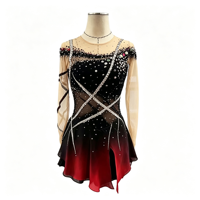 Robe de patinage artistique à dégradé noir et rouge avec strass, dos ouvert en maille, jupe pour la danse sur glace, costume de performance pour compétition