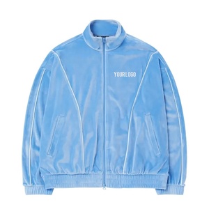<b>Men</b> Custom Logo Stand Collar Velour Track <b>Jacket</b> Light Blue Zip-Up <b>White</b> Piping Oversized Streetwear Athletic Outerwear - Product Image 1